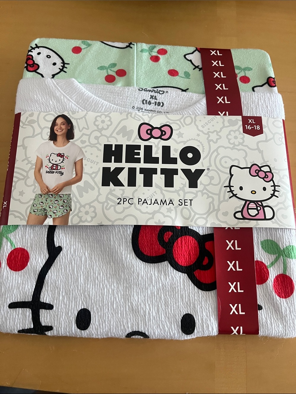 Hello Kitty Green & White Cherry Print 2PC Pajama Set